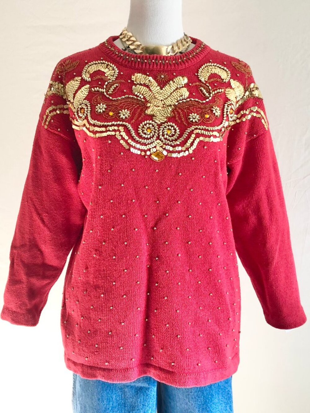 Vintage 80s Victoria Harbour Red & Gold Sequin Sweater Size L